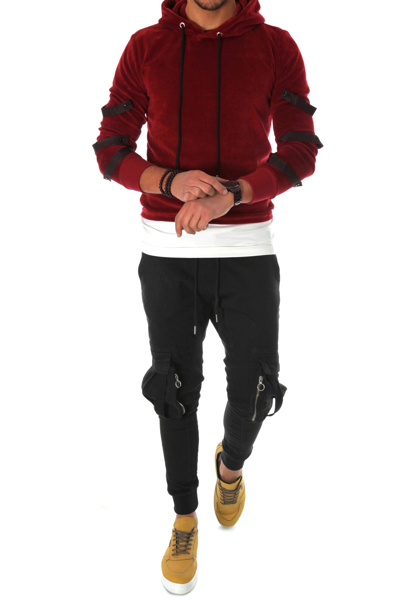 Hanorac grena, casual, pentru barbati, catifea, model cu gluga, Grena