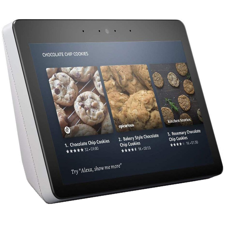 Boxa inteligenta Amazon Echo Show (2nd Gen), HD touchscreen 10.1”, Camera 5MP, 10W, Wi-Fi, Microfon, Alb
