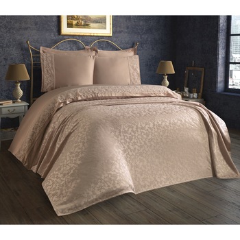 Set de lux cuvertura jacquard + cearceaf pat + 4 fete perna, Ipek Beige Set de lux cuvertura jacquard + cearceaf pat + 4 fete perna, Ipek Beige