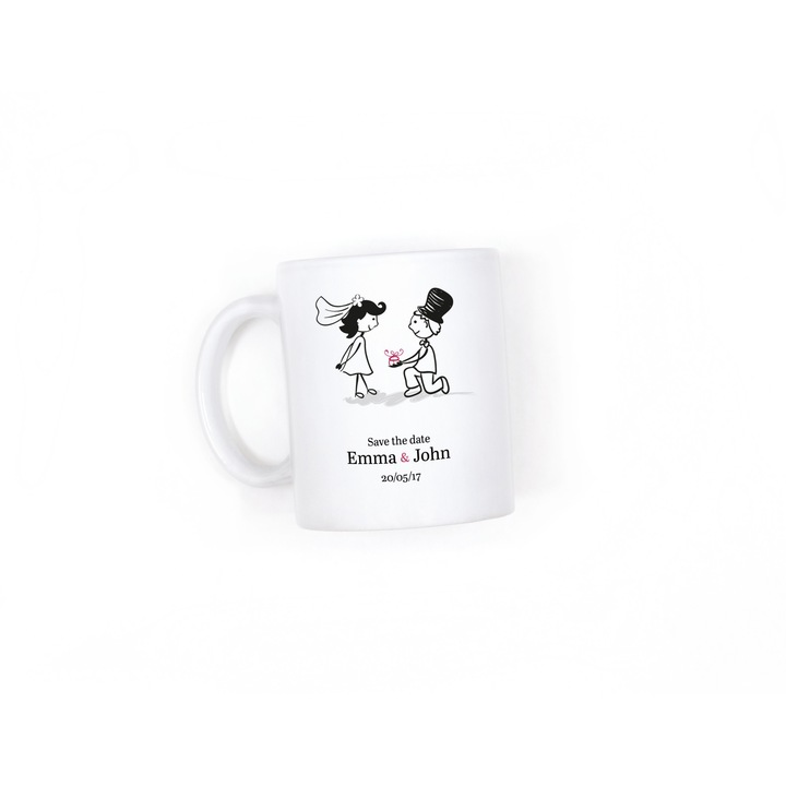 Cana personalizata pentru mire/mireasa, cu nume si data, Just Married, alba, 330 ml