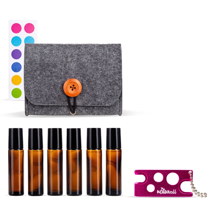 комплект за ароматерапия zioda smart essentials® с 6 бутилки от 10 ml кафяв рол-он, тъмносив органайзер, отварачка, етикети за бутилки