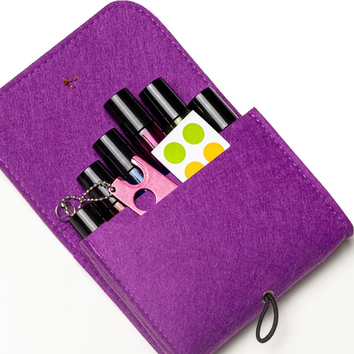 Zioda smart essentials® aromaterápiás készlet 6 db többszínű 10 ml-es roll-on palackkal, lila rendezővel, nyitóval, üvegcímkékkel