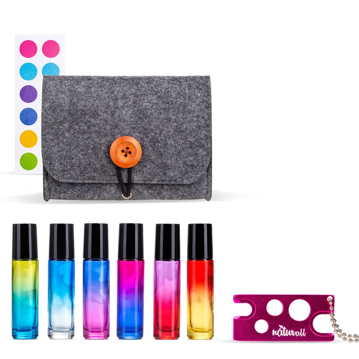 zioda smart essentials® aromaterápiás készlet 6 db többszínű 10 ml-es roll-on palackkal, sötétszürke rendszerezővel, nyitóval, üvegcímkékkel