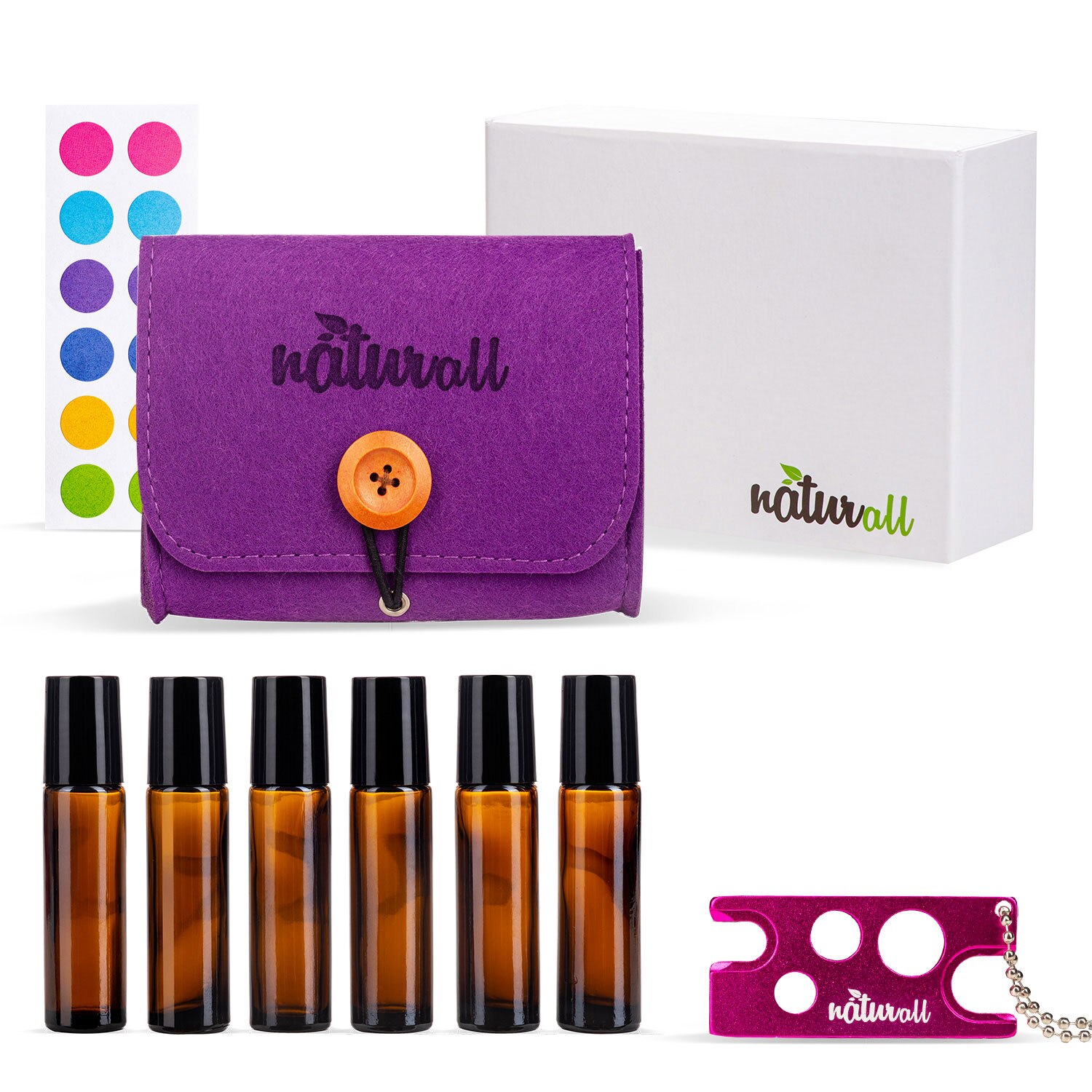 Set aromaterapie ZAJA® cu 6 sticle de 10ml roll-on maro, organizator mov, deschizator, etichete sticle, cutie cadou