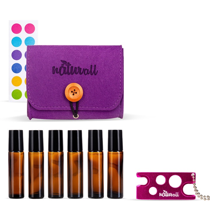 комплект за ароматерапия zioda smart essentials® с 6 бутилки от 10 ml кафяв рол-он, лилав органайзер, отварачка, етикети за бутилки