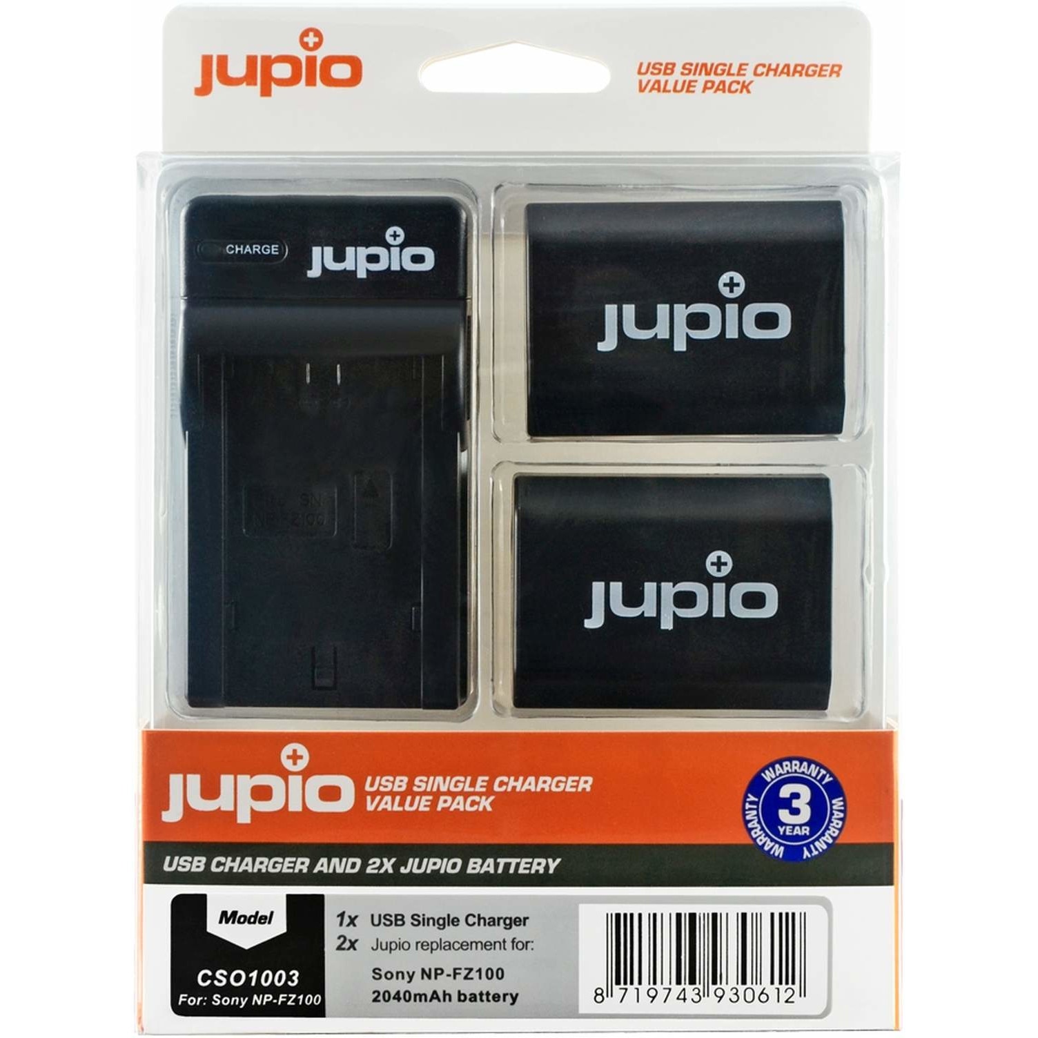 Kit 2 Acumulatori + Incarcator Simplu Jupio, Compatibil NP-FZ100, Negru