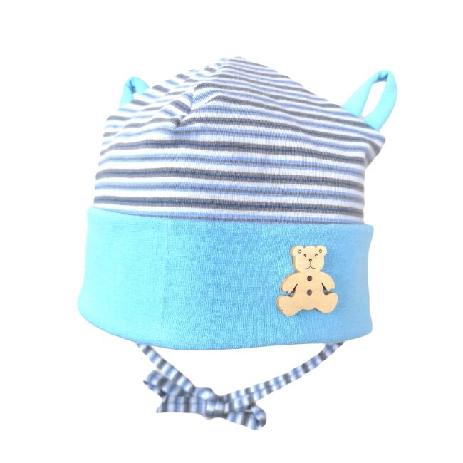 Caciula Mic Pitic C192NN cu dungi decorata cu nasture ursulet, Bleu