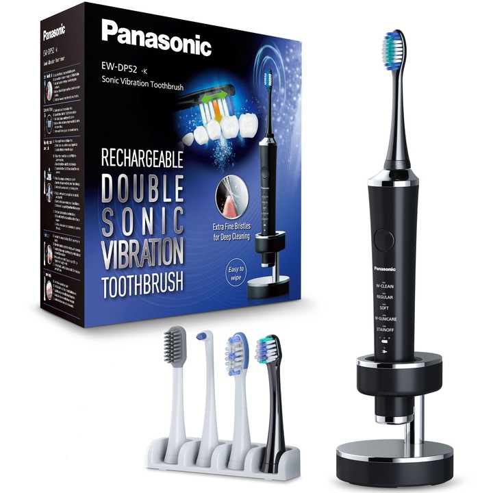 Periuta de dinti electrica Panasonic EW-DP52-K803, Sonic Motor, Îngrijire parodontală și îngrijirea Interdentală cu vibrație, 5 capete incluse, Negru
