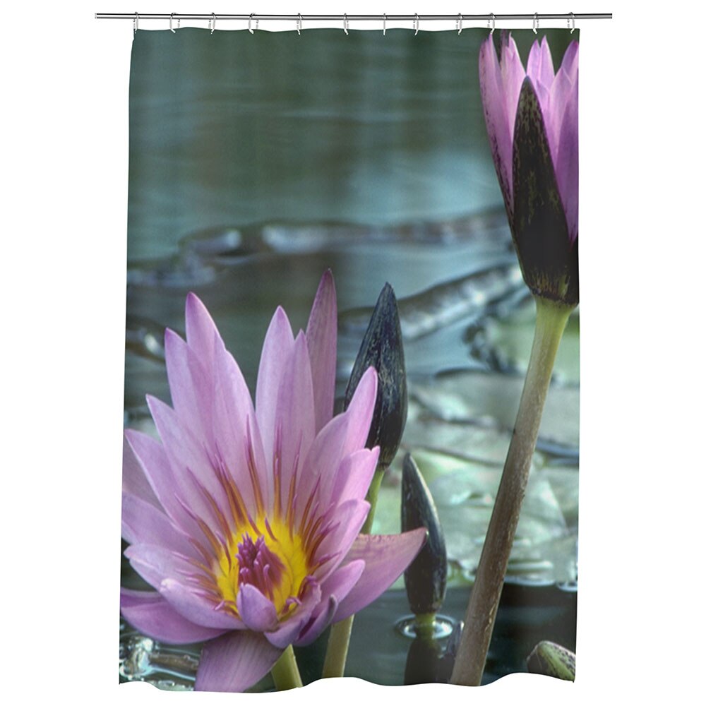 Perdea Dus, Cada, pentru Baie, Heartwork, Flori violet de nuferi, Model Multicolor, Decoratiuni Baie, 150 x 200 cm