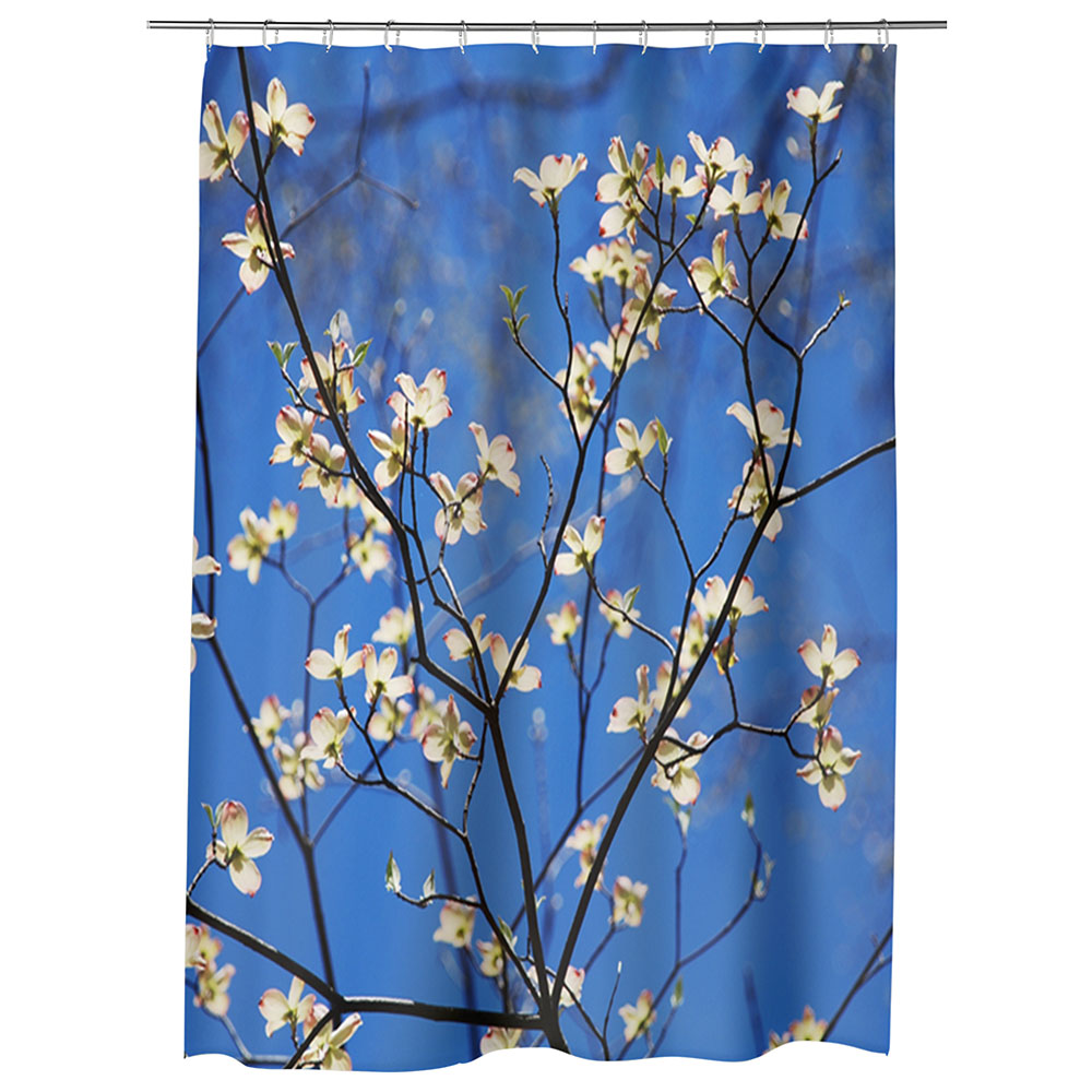 Perdea Dus, Cada, pentru Baie, Heartwork, Crenguta cu flori albe, Model Multicolor, Decoratiuni Baie, 150 x 200 cm
