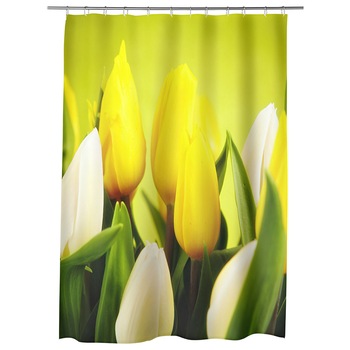 Perdea Dus, Cada, pentru Baie, Heartwork, Lalele albe si galbene, Model Multicolor, Decoratiuni Baie, 150 x 200 cm Perdea Dus, Cada, pentru Baie, Heartwork, Lalele albe si galbene, Model Multicolor, Decoratiuni Baie, 150 x 200 cm