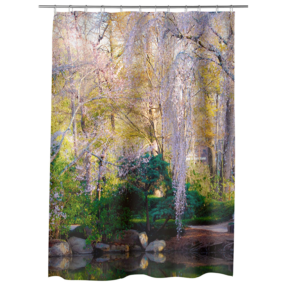 Perdea Dus, Cada, pentru Baie, Heartwork, Copaci infloriti pe malul lacului, Model Multicolor, Decoratiuni Baie, 150 x 200 cm