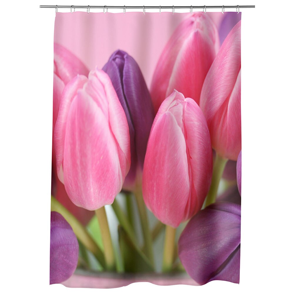 Perdea Dus, Cada, pentru Baie, Heartwork, Lalele violet si roz, Model Multicolor, Decoratiuni Baie, 150 x 200 cm