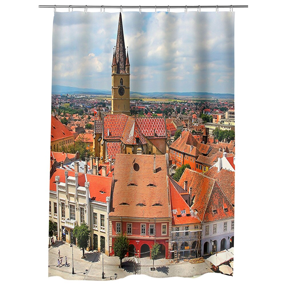 Perdea Dus, Cada, pentru Baie, Heartwork, Panorama Sibiu, Model Multicolor, Decoratiuni Baie, 150 x 200 cm