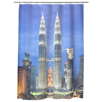 Perdea Dus, Cada, pentru Baie, Heartwork, Turnurile din Kuala Lumpur, Model Multicolor, Decoratiuni Baie, 150 x 200 cm