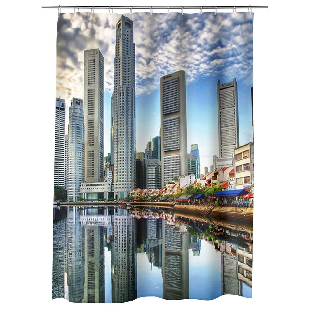 Perdea Dus, Cada, pentru Baie, Heartwork, Orasul Singapore, Model Multicolor, Decoratiuni Baie, 150 x 200 cm