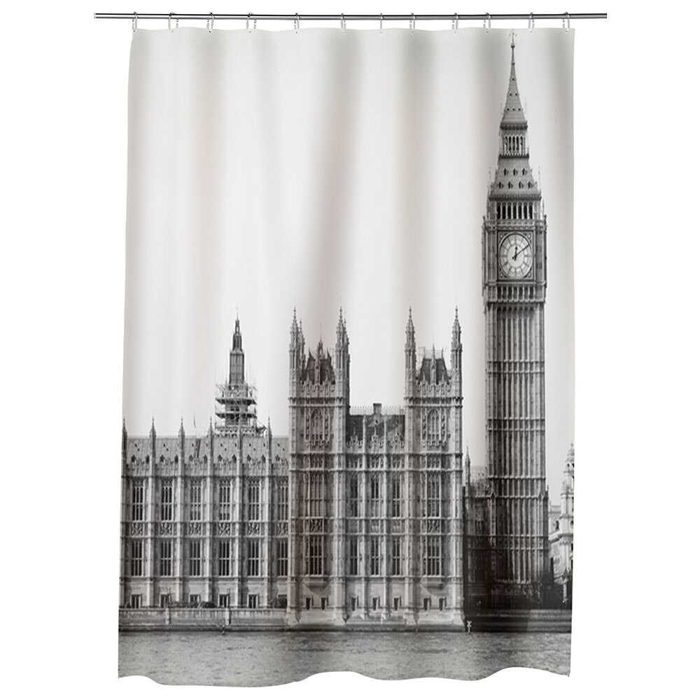 Perdea Dus, Cada, pentru Baie, Heartwork, Palatul Westminster Alb Negru Londra, Model Multicolor, Decoratiuni Baie, 150 x 200 cm