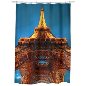 Perdea Dus, Cada, pentru Baie, Heartwork, Parisul noaptea si Turnul Eiffel, Model Multicolor, Decoratiuni Baie, 150 x 200 cm