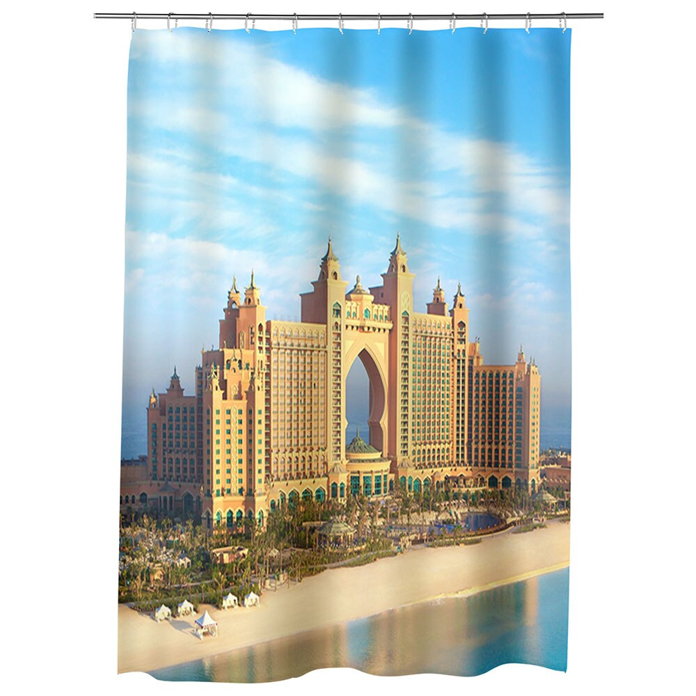 Perdea Dus, Cada, pentru Baie, Heartwork, Insula cu palmieri Dubai, Model Multicolor, Decoratiuni Baie, 150 x 200 cm