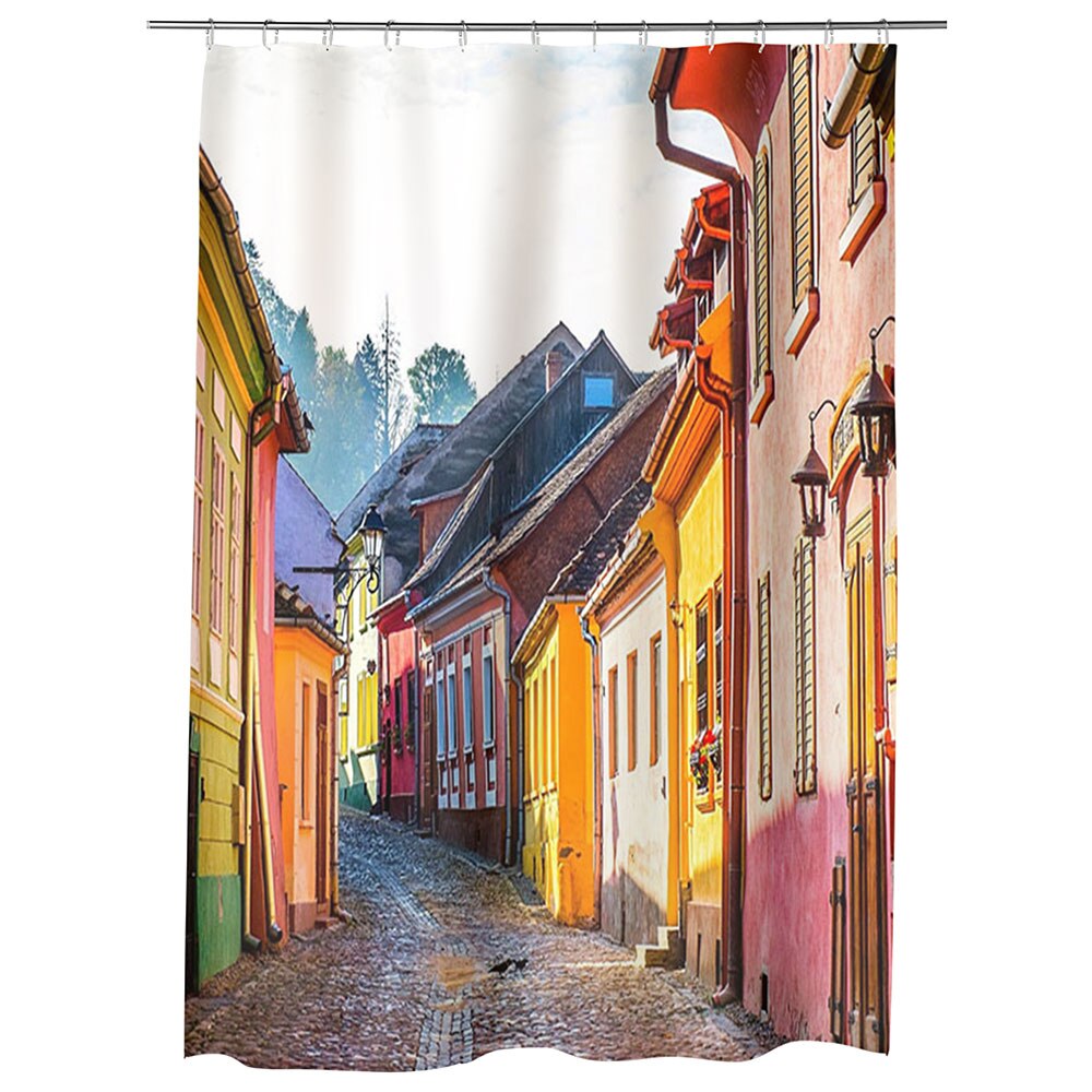 Perdea Dus, Cada, pentru Baie, Heartwork, Oras Medieval Sighisoara, Model Multicolor, Decoratiuni Baie, 150 x 200 cm