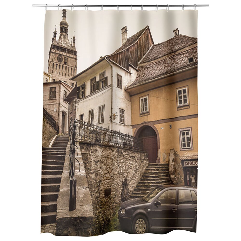 Perdea Dus, Cada, pentru Baie, Heartwork, Turnul cu ceas din Sighisoara, Model Multicolor, Decoratiuni Baie, 150 x 200 cm