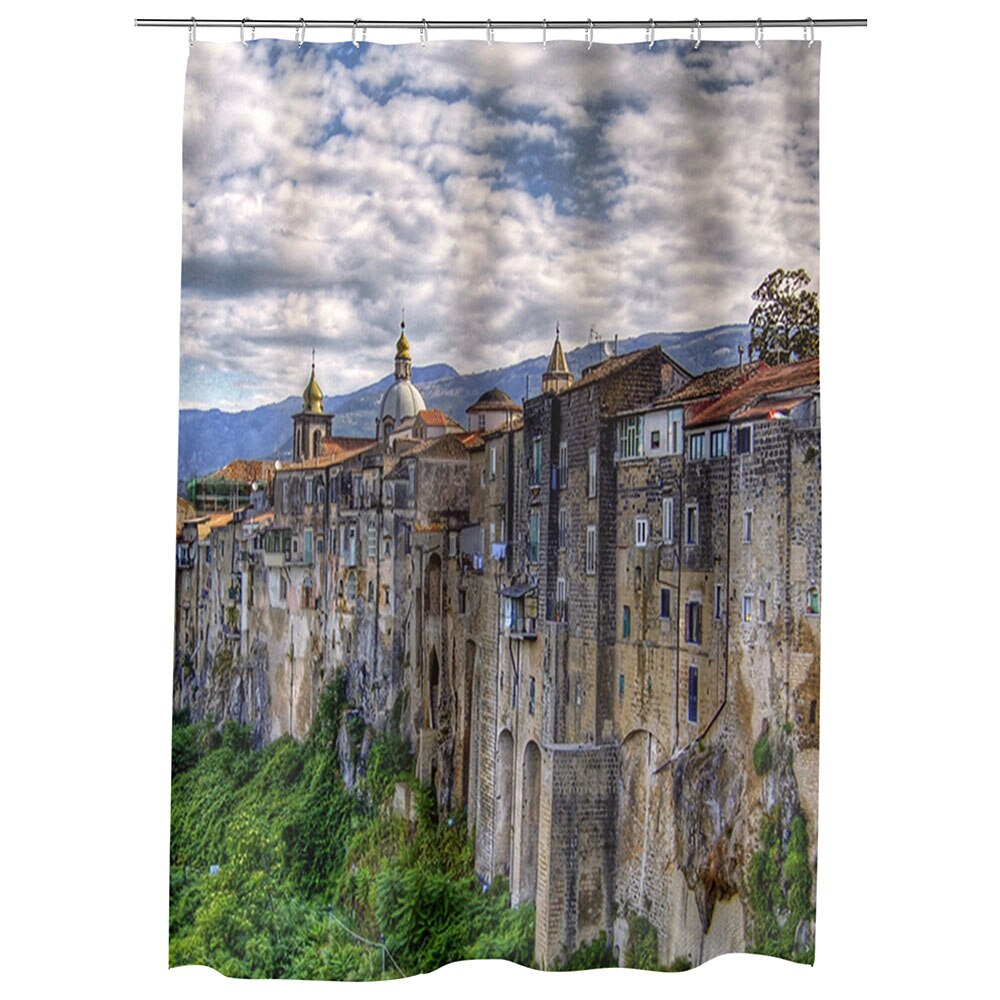 Perdea Dus, Cada, pentru Baie, Heartwork, Orasul in stanca, Model Multicolor, Decoratiuni Baie, 150 x 200 cm