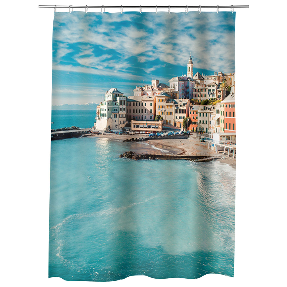 Perdea Dus, Cada, pentru Baie, Heartwork, Oras pe coasta, Model Multicolor, Decoratiuni Baie, 150 x 200 cm