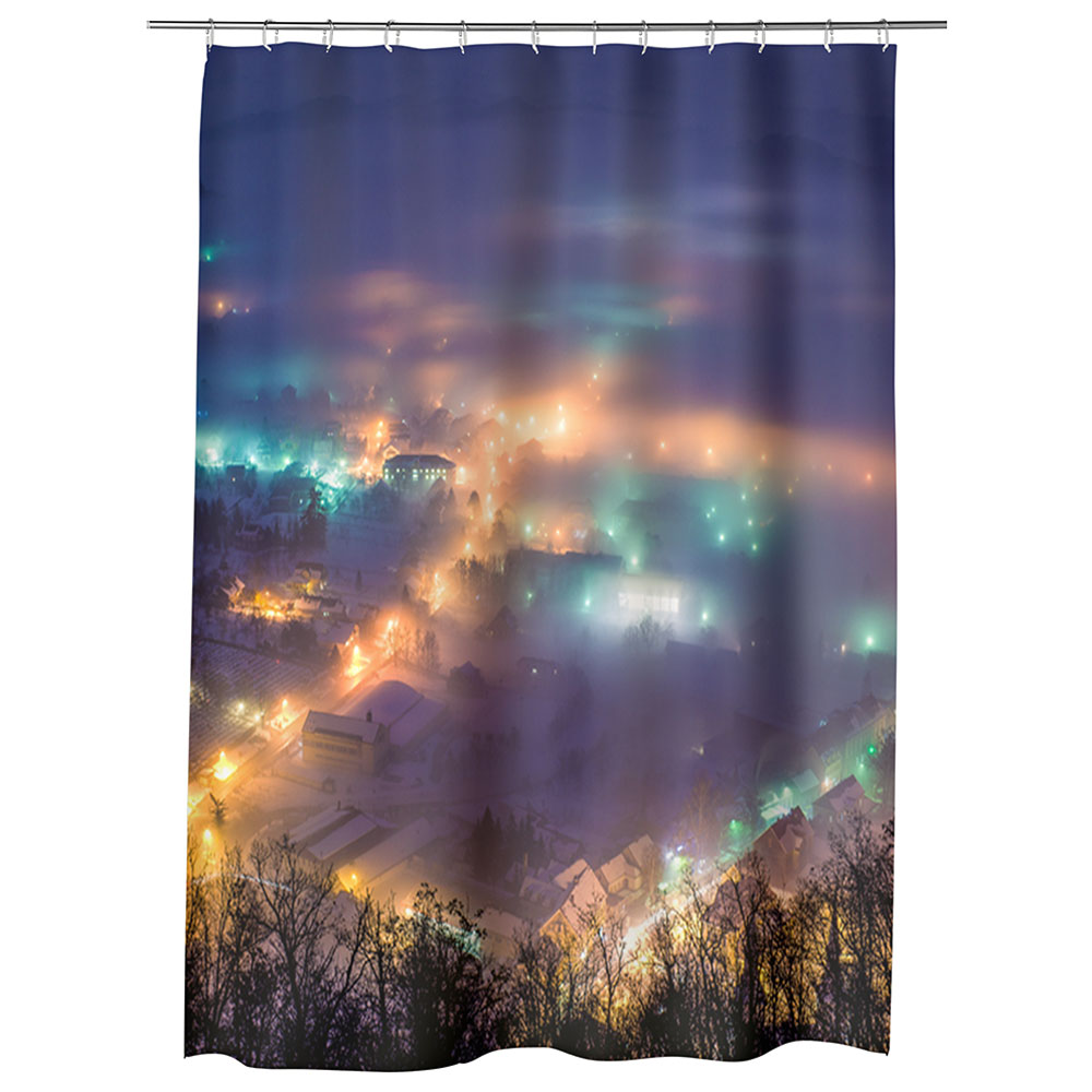 Perdea Dus, Cada, pentru Baie, Heartwork, Oras noaptea, Model Multicolor, Decoratiuni Baie, 150 x 200 cm