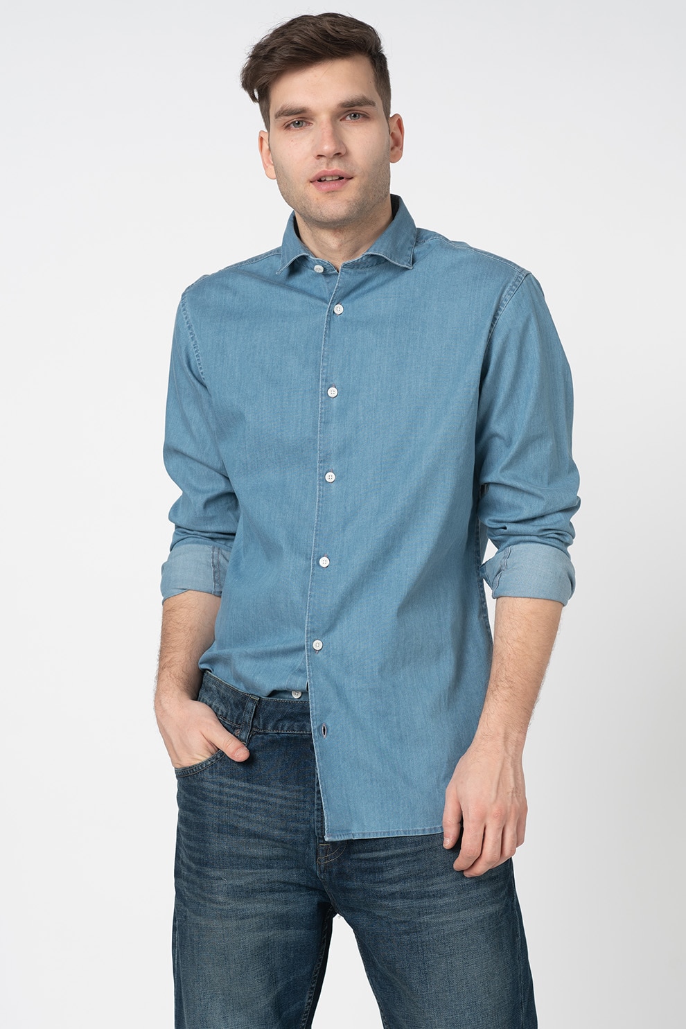 Selected Homme, Camasa regular fit din chambray Sel, Albastru melange, M