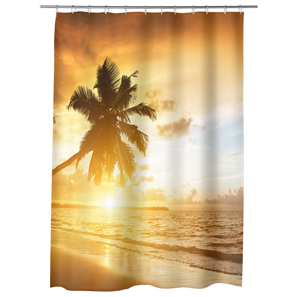 Perdea Dus, Cada, pentru Baie, Heartwork, Palmieri pe plaja, Model Multicolor, Decoratiuni Baie, 150 x 200 cm