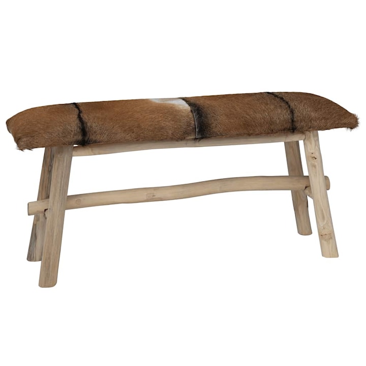 Пейка от естествена кожа и тиково дърво vidaXL, 100 x 30 x 45 см, 7.1 kg