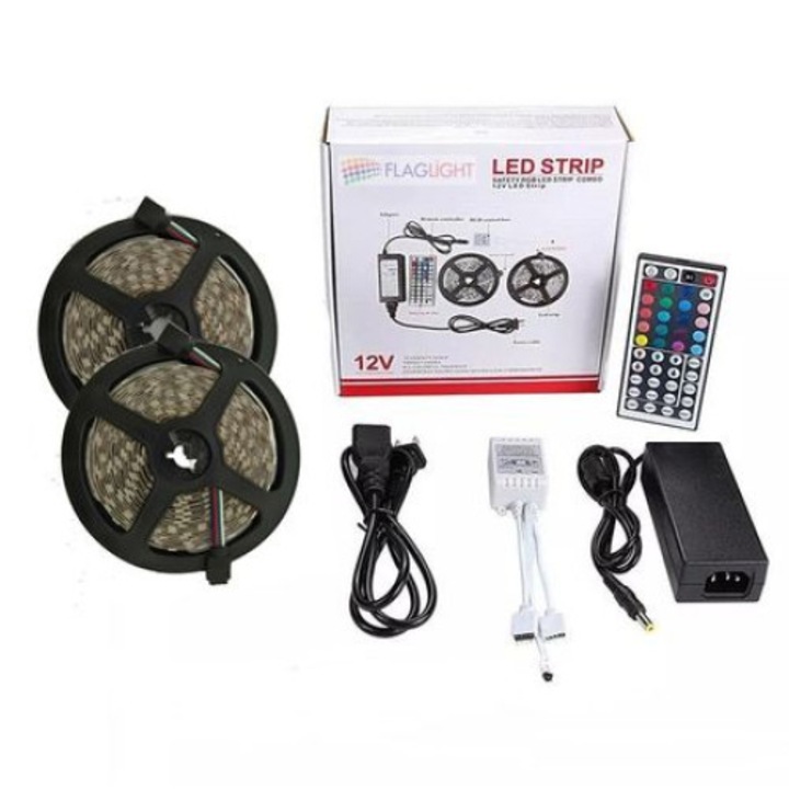 Kit Banda LED RGB 5050 60 led/m 10 metri IP20+Telecomanda 44 taste cu IR+Transformator 12V 10А