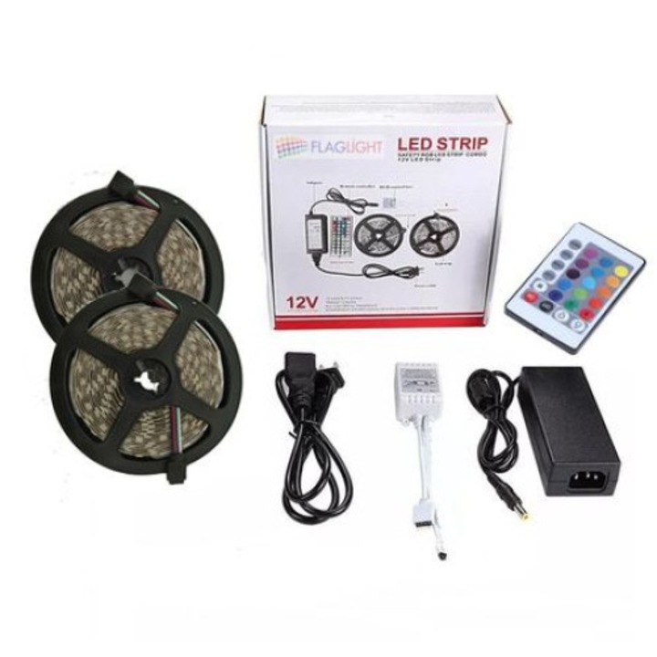 Kit Banda LED RGB 5050 30 led/m 10 metri IP20+Telecomanda 24 taste cu IR+Transformator 12 V 6А