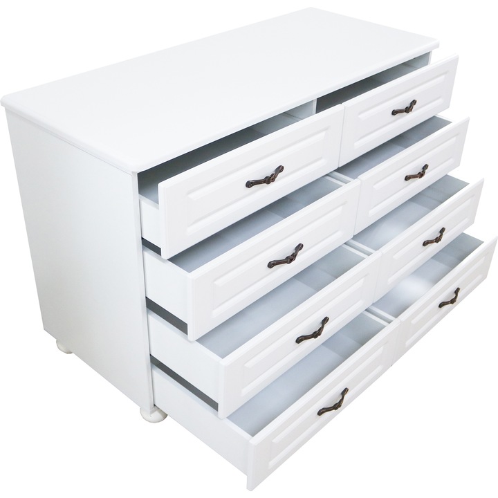 Comoda Dynasty Alb cu 8 sertare si blat MDF