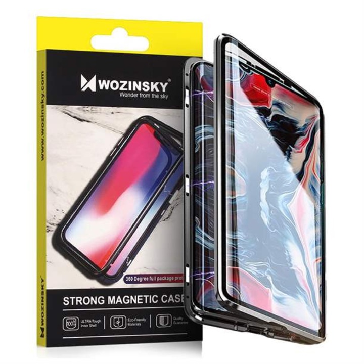 Wozinsky Teljes Mágneses Case Full Body Első és hátsó tok + edzett üveg Huawei P30 Pro fekete - áttetsző telefontok hátlap