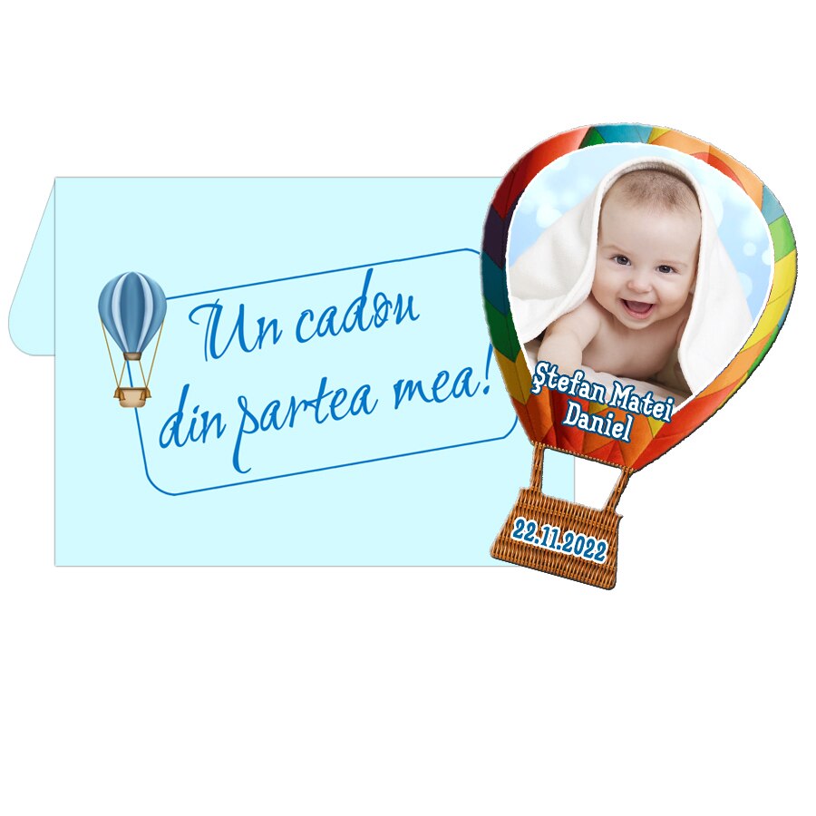 Marturii botez, magneti forma balon cu plic inclus, personalizati cu text si fotografie, tematica travel