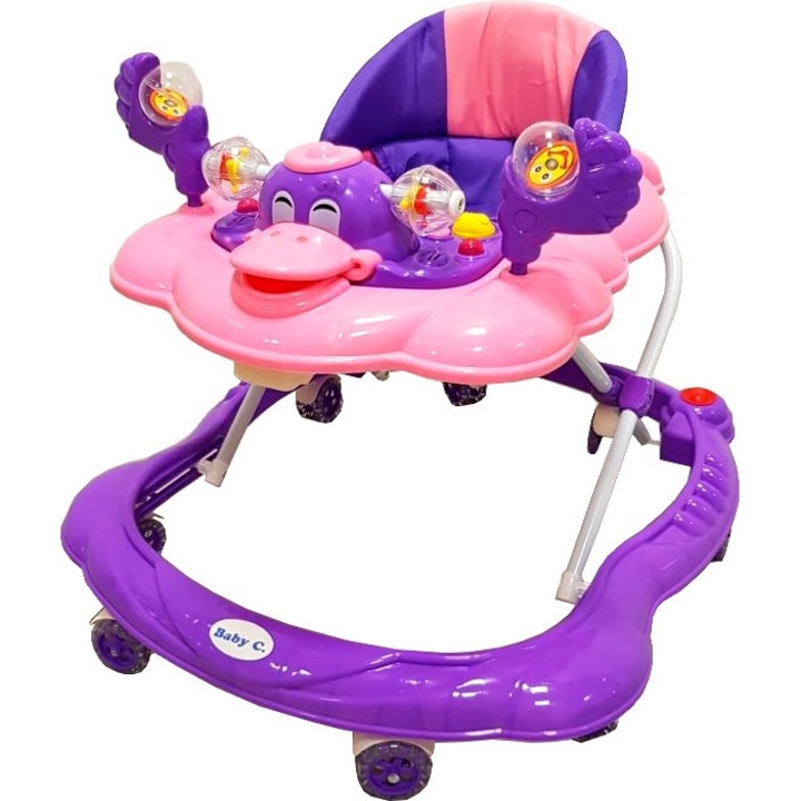 NOVOKIDS™ Baby C állítható 3 fokozatú bébikomp, dalokkal, csendes szilikon kerekekkel, összecsukható, kiskacsás, lila