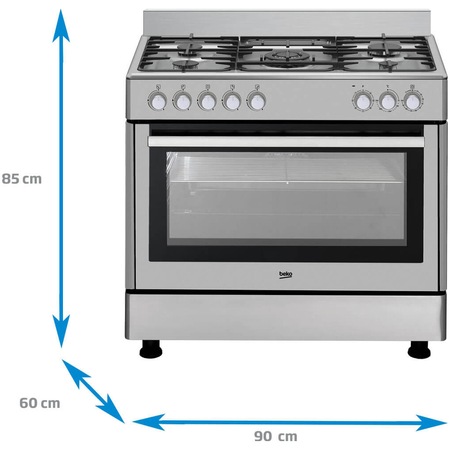 Aragaz Beko GM15121DX, 5 arzatoare, Aprindere electrica, Wok, Mixt, 115 L, Autocuratare catalitica, Clasa A, 90 cm, Inox