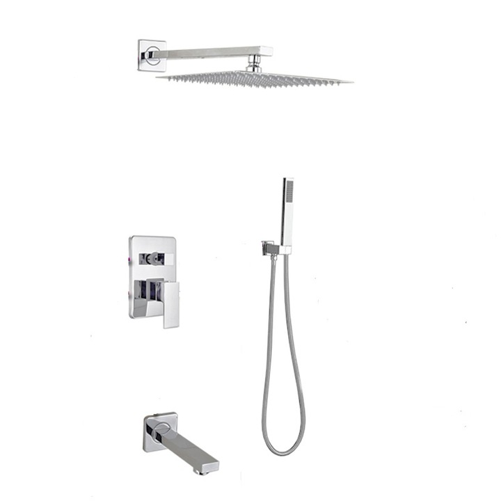 Set de dus Argintiu, AquaSpa, Robinet de dus cu efect de ploaie, 3 Functii, Palarie de dus 20 CM, Teava de dus pentru perete cu montaj sub tencuiala