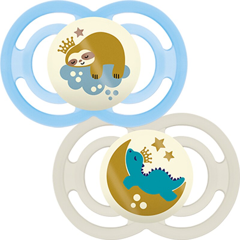 Set 2 suzete, MAM PERFECT NIGHT SOOTHER,12 luni +, lumineaza in intuneric, cu cutie pentru sterilizat, fara BPA, Bleu/Crem