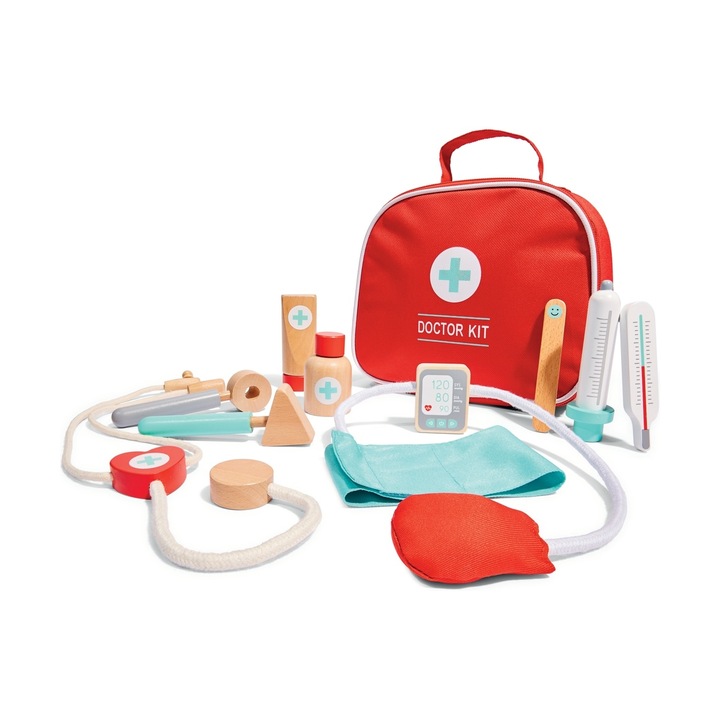 Дървен лекарски комплект и 2 в 1 играчка за деца "Докторски комплект" със стетоскоп, очила, спринцовка и термометър, апарат за кръвно налягане, 10 части, чанта за съхранение