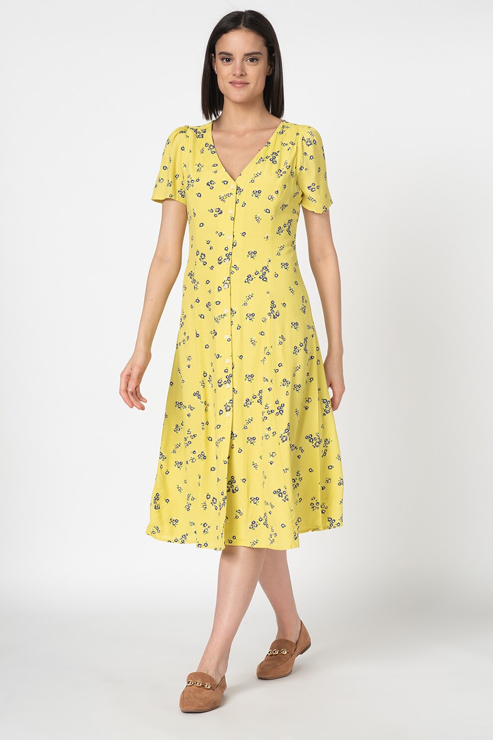 GAP, Rochie midi cu imprimeu floral, Galben, XS-S