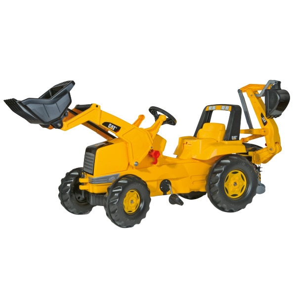 Buldoexcavator CAT cu pedale, incarcator frontal si brat excavator spate Rolly Toys, galben