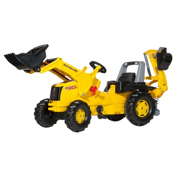 Buldoexcavator New Holland cu pedale, incarcator frontal si brat excavator spate Rolly Toys, galben Buldoexcavator New Holland cu pedale, incarcator frontal si brat excavator spate Rolly Toys, galben