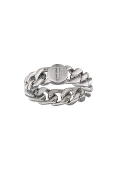 Tommy Hilfiger, Inel din lant cu logo stantat, Argintiu, 54 Standard Tommy Hilfiger, Inel din lant cu logo stantat, Argintiu, 54 Standard