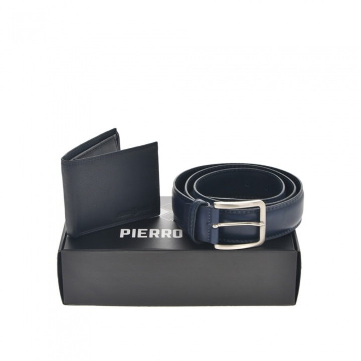 Set cadou barbati portofel si curea din piele naturala Pierro Poggi PP3017-120, Albastru/Albastru