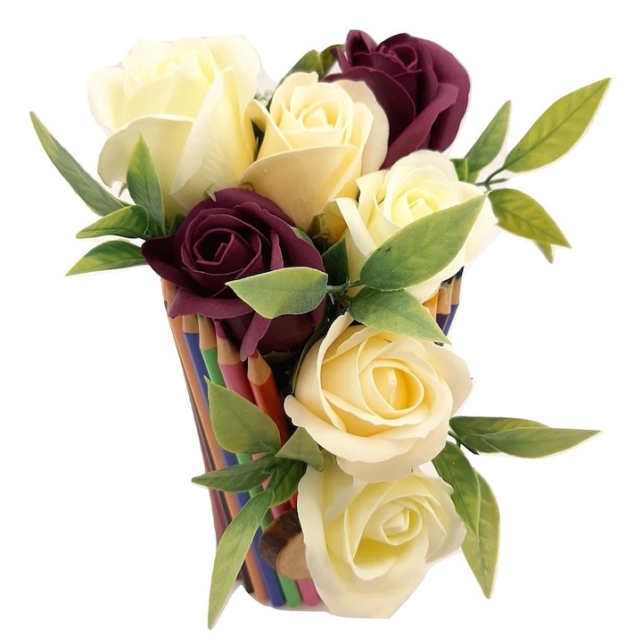 Aranjament floral, Sevirox Decor, cu 7 trandafiri din sapun, School Gift, ivore,mov pruna