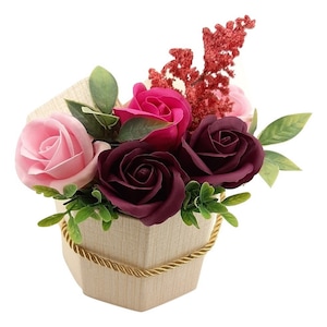 Aranjament floral, Sevirox Decor, cu 5 trandafiri din sapun , ciclam,mov pruna, roz