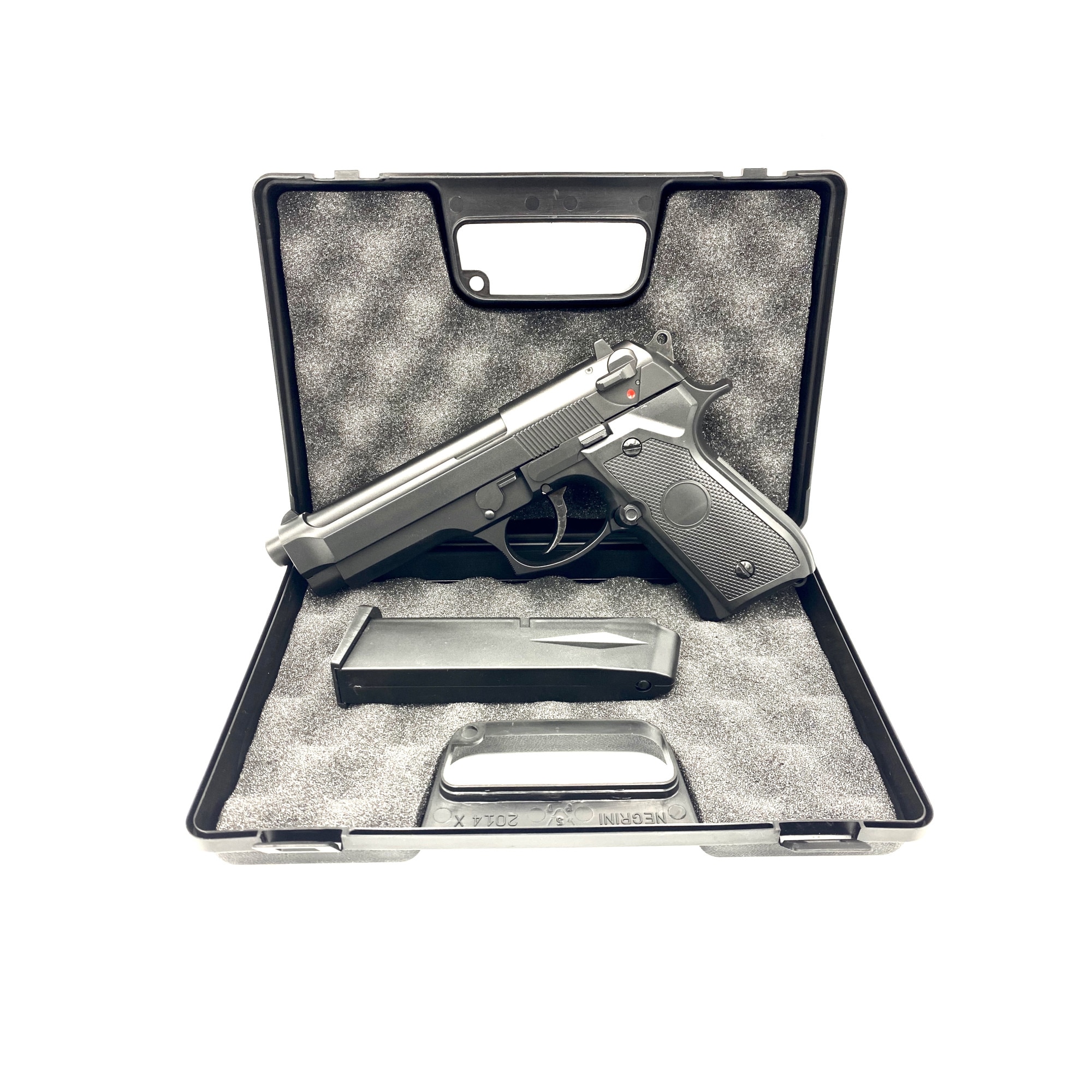 Pachet pistol airsoft Beretta M92F gaz semiautomat + cutie