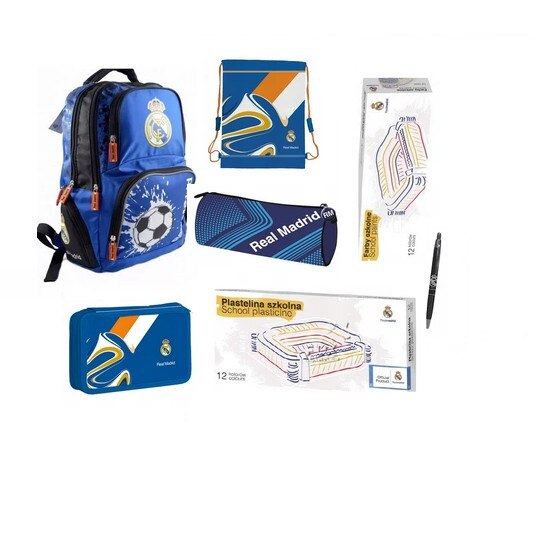 Set rucsac scoala,real madrid, penar, sac pentru, plastilina, acuarele, husa, pen, multicolor